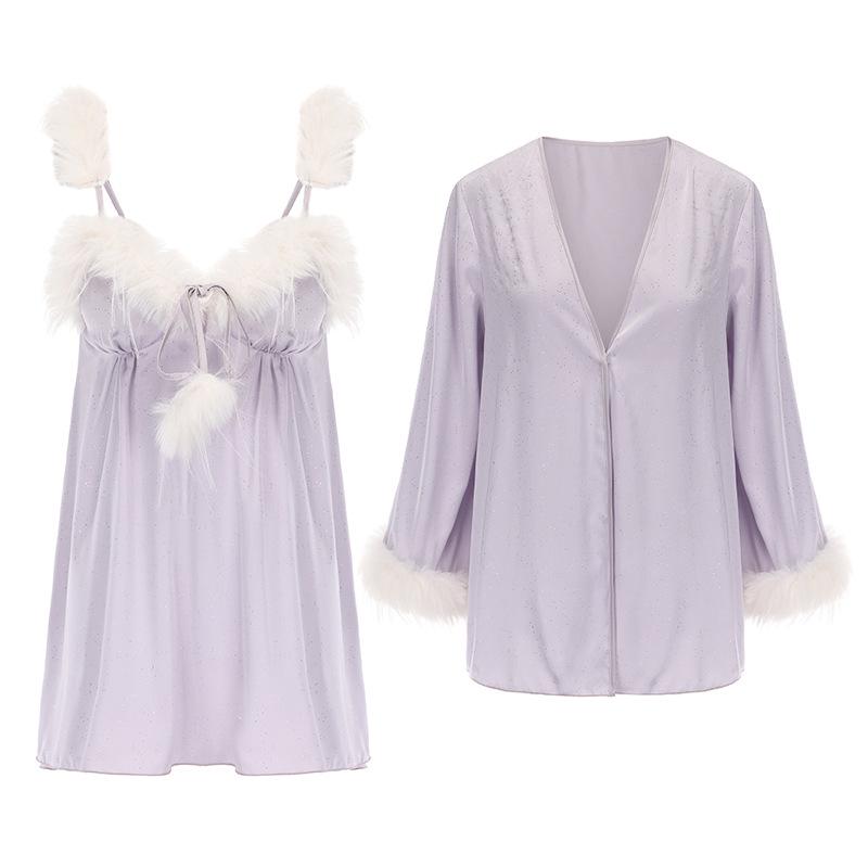 Guiruo Silver Padded Lingerie Set - Sexy Plus Size Camisole Nightgown & Robe 4419