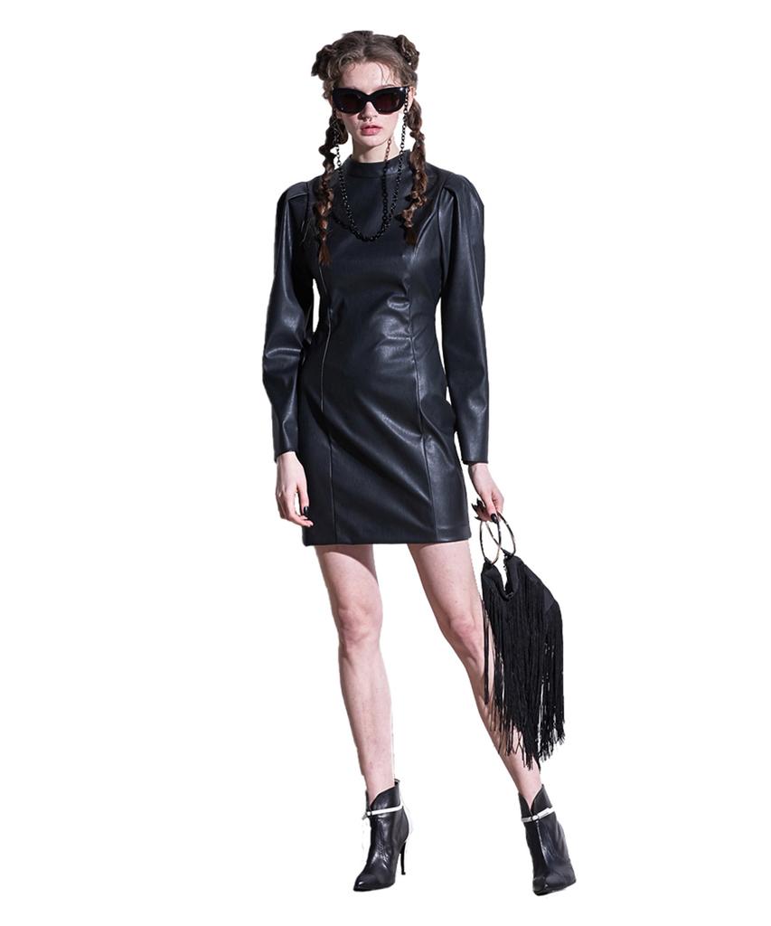 Greedius Leather Puff Sleeve Dress