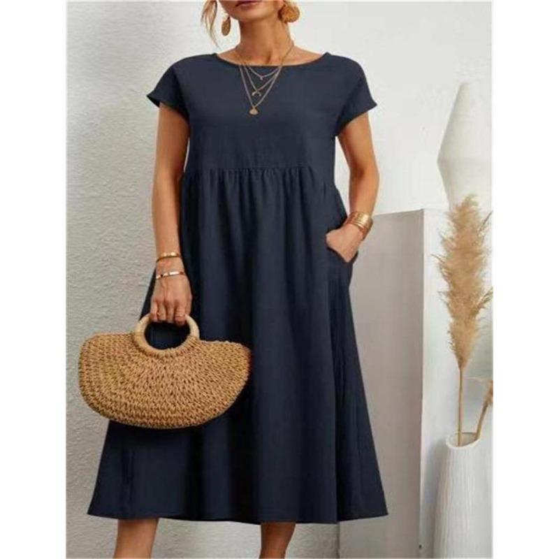 QICED Fashion Summer Spring Solid Color Print  Short Sleeve O-Neck Casual Dresses