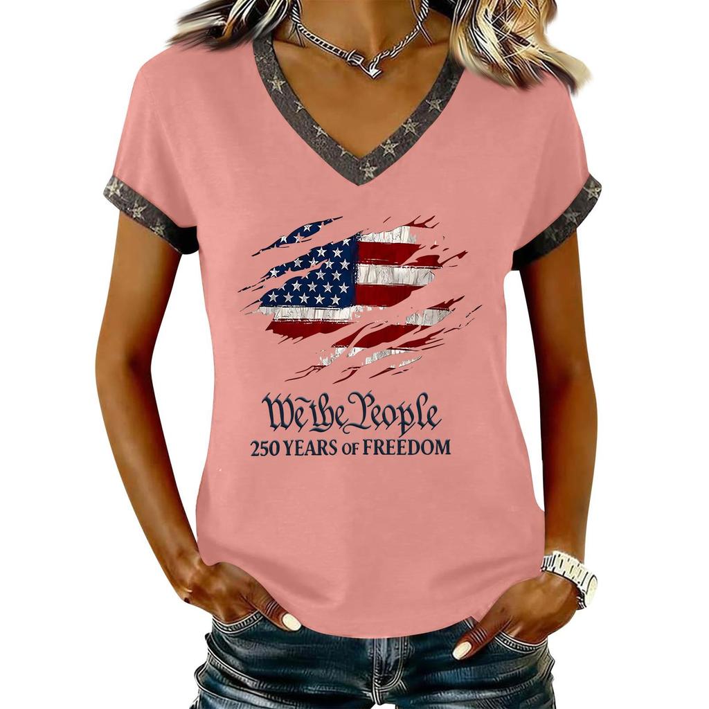 Damen Lässiger V-Ausschnitt Kurzarm Pullover Bedrucktes T-Shirt Top