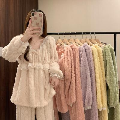 Winter Sexy Pyjamas Damen im Prinzessinnen-Stil Korallensamt Süßer Flanell-Samt Verdickter Homewear Zweiteiliger Pyjama Damen