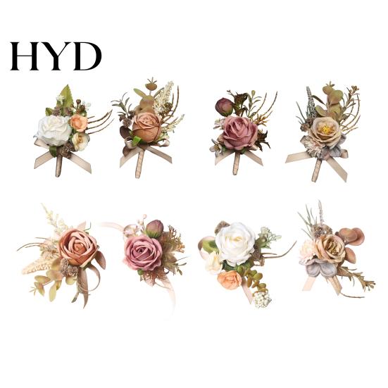 Elegant Rose Boutonniere Bud Wedding Flower Set, Wrist Corsage for Bride Bridesmaid Realistic Brooch & Groom Groomsman, Artificial Silk Floral
