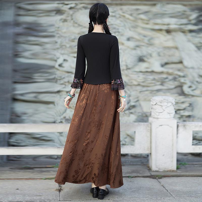 New Ethnic Women's Elastic Waist Retro Embroidery A-Line Skirt