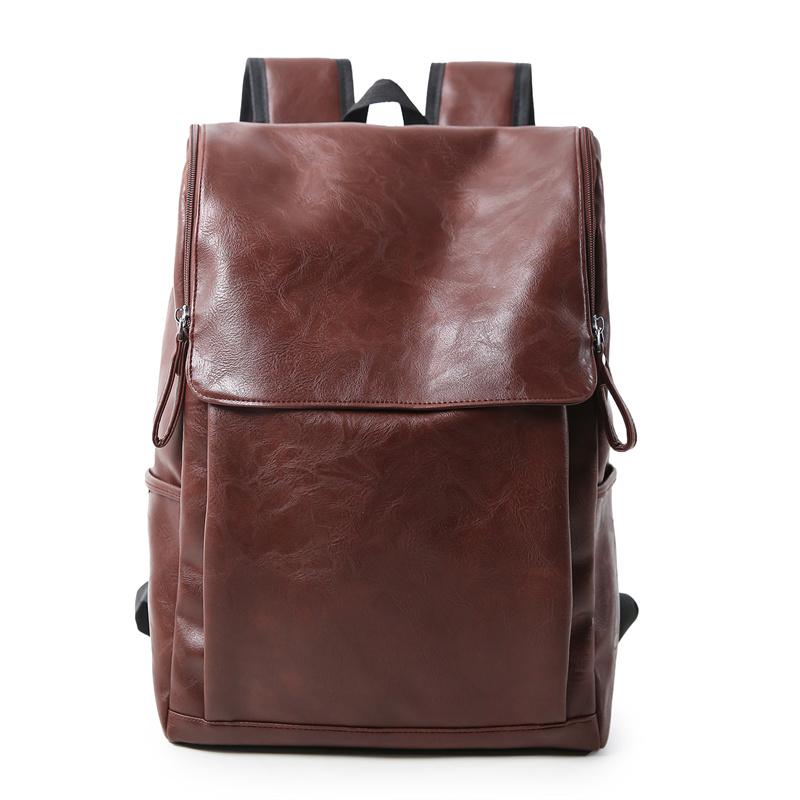 Solid Color PU Backpack Men's Large Capacity Backpack Student Sports Travel Computer Bag