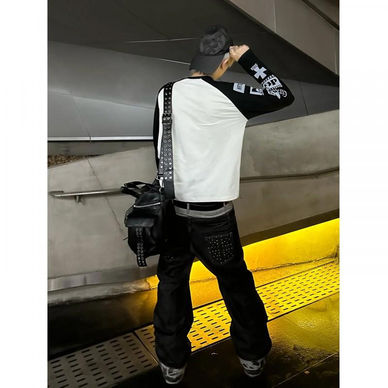 Pantalones Vaqueros Holgados de Corte Recto para Hombre con Dobladillo Deshilachado Tiro Medio Algodón Lavado Detalle de Remaches Sueltos Casual Streetwear