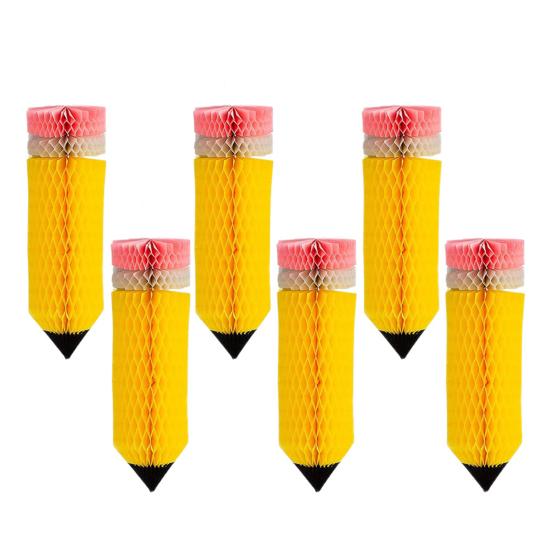 6Pcs Pencil Hanging Honeycomb with Lanyard Ceiling Party Ornaments Easy To Install Back-to-School Classroom Decorations