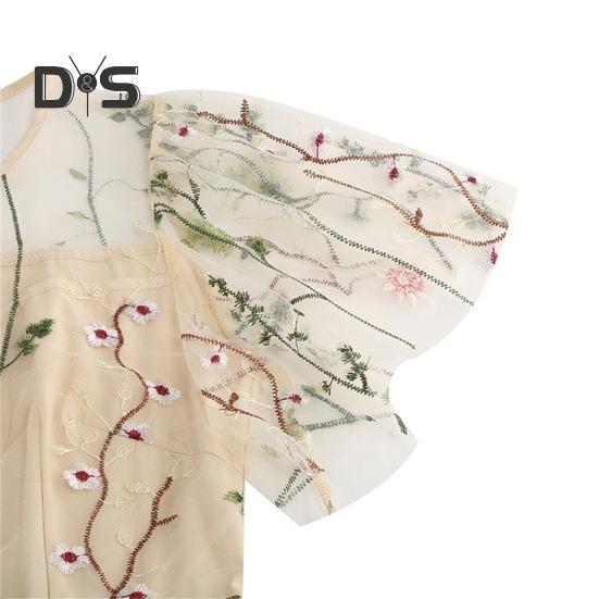 Women Evening Dress Double-layer Flower Embroidery Mesh A-line Big Swing Short Sleeves O Neck Back Zipper Closure Prom Party Midi Dress