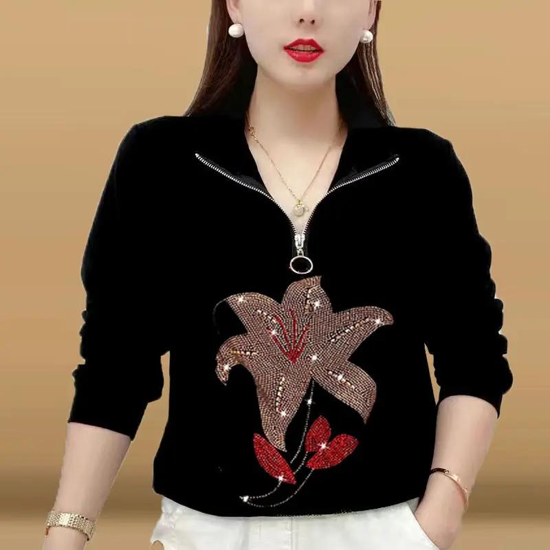 

Spring Women Vintage Long Sleeve T-shirt Fashion Floral Sequin Zipper V-Neck Loose Casual Tops L