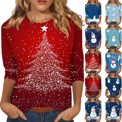 3/4 Sleeve Shirts For Women Print Tees Blouses Casual Plus Size Basic Tops Pullover