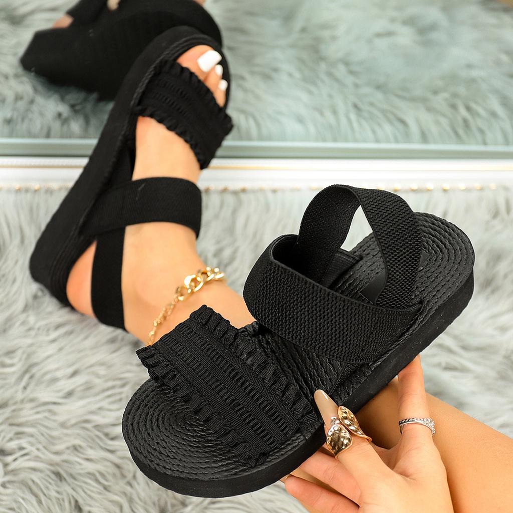Women' & Slip-On Open-Toe Sandals with Elastic Crinkle Strap - Low Heel Sole Beach Slippers Women Shoes