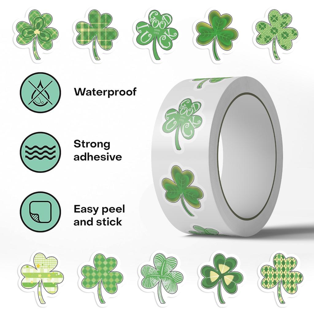 500pcs Clover St. Patrick's Day Waterproof Sticker Roll Festival Decals Suitable Journals Laptops Helmets Cars Green Stickers
