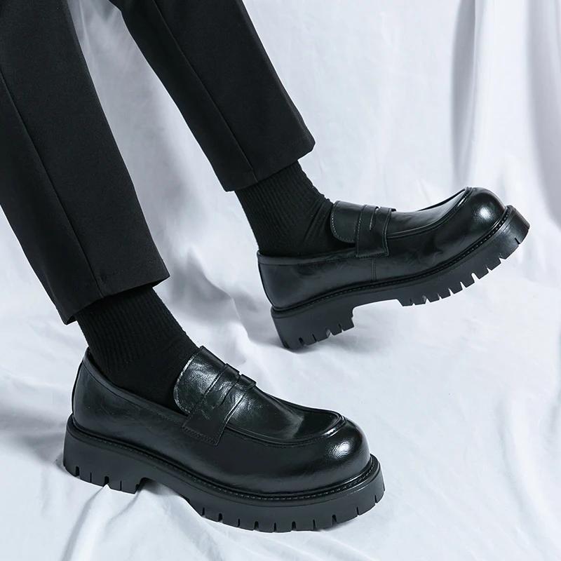 Spring Men's Casual Thick Soled Brown Leather Loafers Shoes Mens Slip-on Outdoor Round Toe Shoe