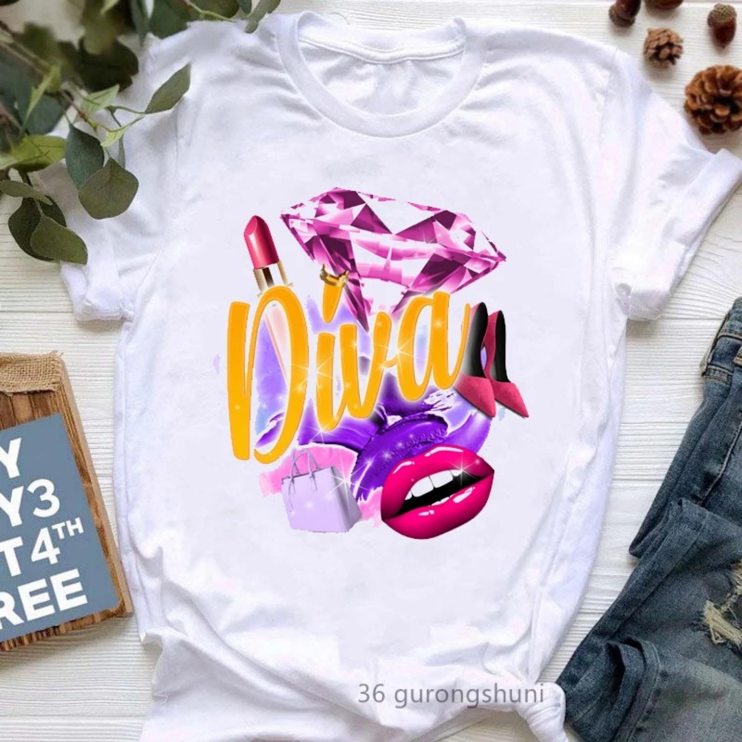 

Diva Lips High Shoe Lipstick Print Tshirt Women Clothes 2024 Fashion Makeup T Shirt Female Summer Tops Tee Shirt Femme Wholesale XXXXXL білий