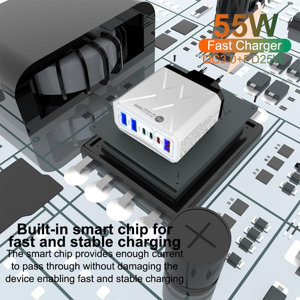 PD25W 3USB 3PD55W Fast Charger, 6-Port Mobile Charger with QC3.0, Multi-Standard Fast Charging Adapter