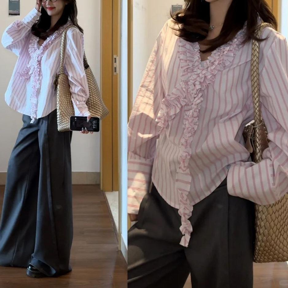 

Light Pink 3D Ruffle V-Neck Striped Women s Spring/Summer Loose French-Style Long-Sleeve Top L [up to 115 lbs]