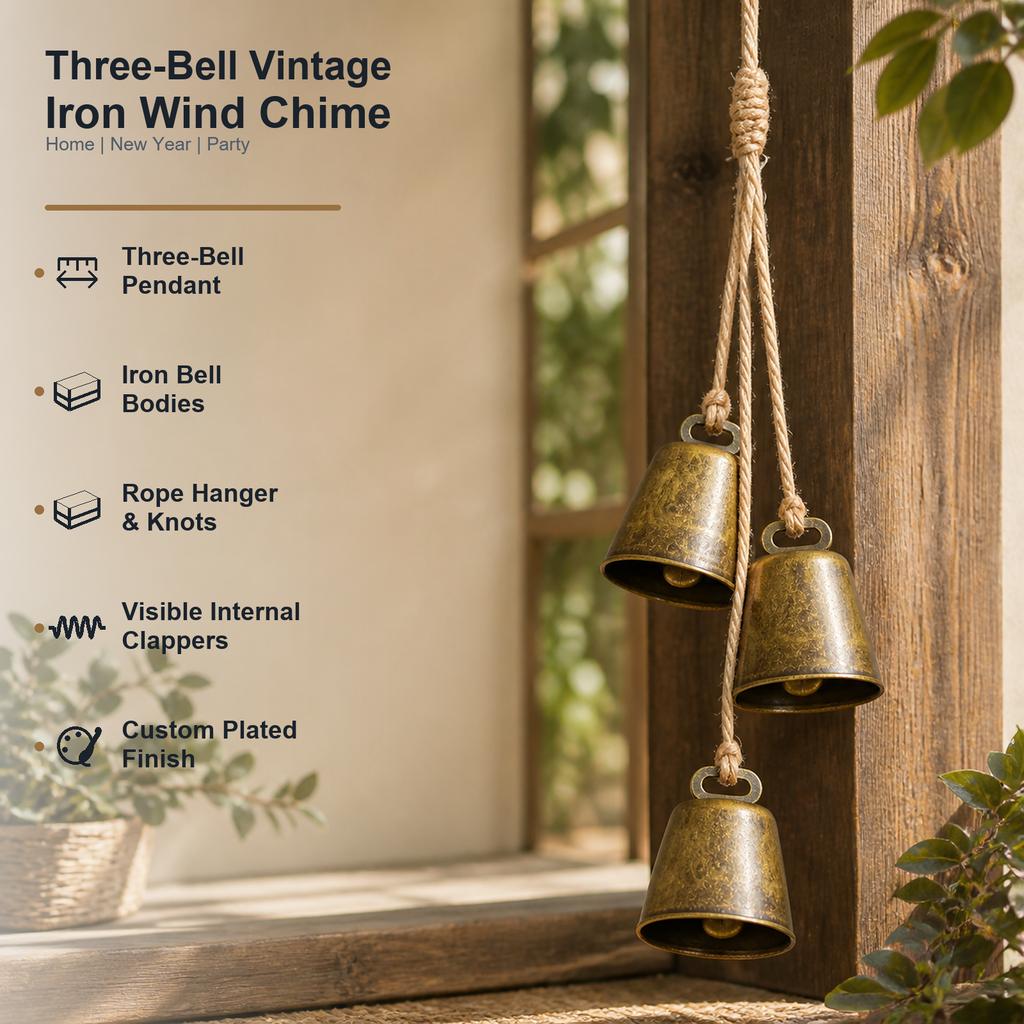 Individueller dreiglockiger Vintage-Eisen-Windspiel mit Seil, vergoldetem Kuhglocken-Anhänger für Haus, Neujahr, Geburtstagsfeier-Dekoration