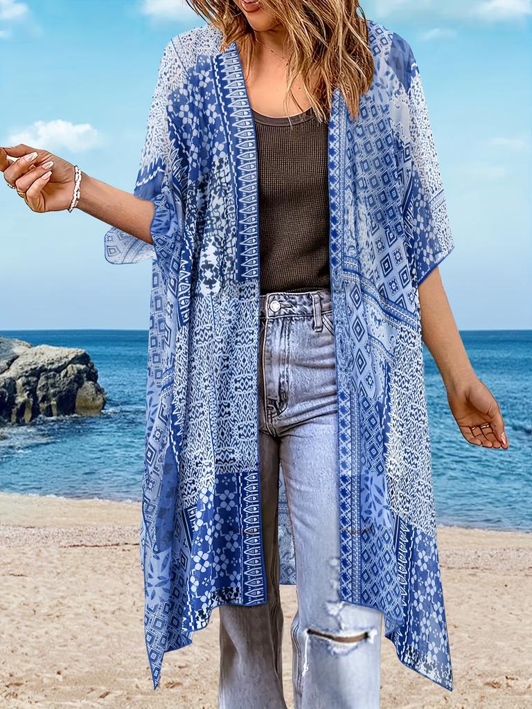 Dam Boho Chiffon Kimono Kofta, Öppen Framtill, Strandöverdrag, Casual Semesterstil, Ytterkläder för Solskydd