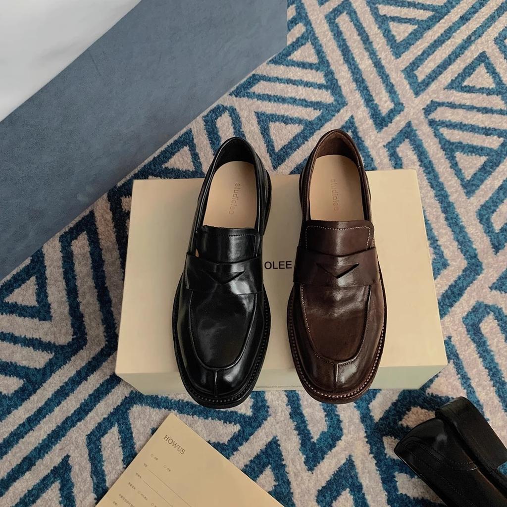 Cowhide Version~ Grape Mother Same Leather Round Head Lazy One Pedal Thick-soled British Style Versatile Loafer Leather Shoes Women