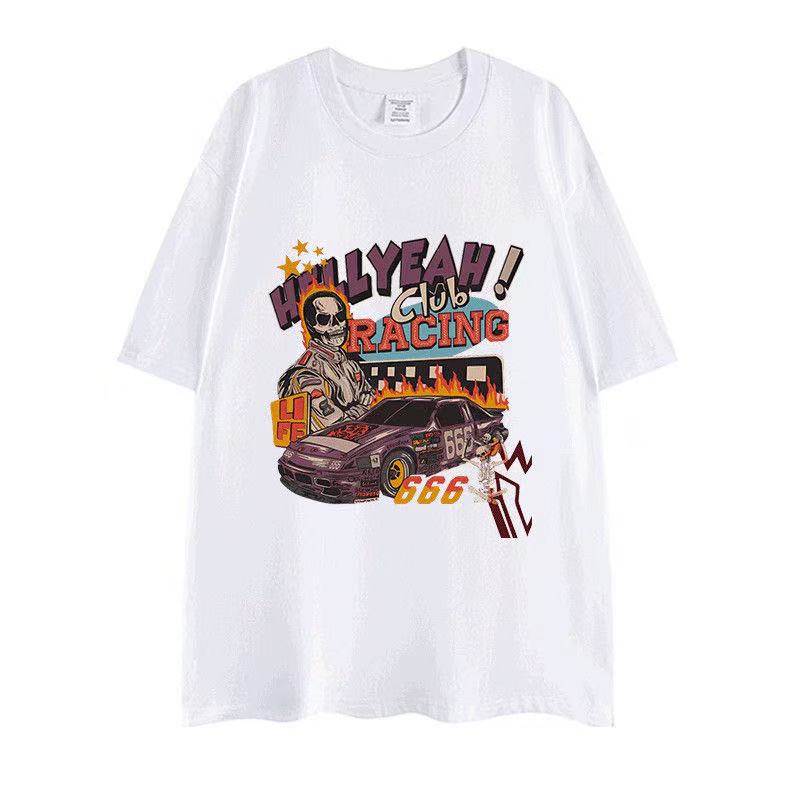 2025 Summer and Autumn new American street skull-printed T-shirt casual and sporty short-sleeved men s and women s street tops 4XL