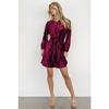 Crushed Velvet Long Sleeve Mini Dress Round Neck Tie Waist Loose Fit Pleated Short Dress for Fall Winter Office Party Casual Evening