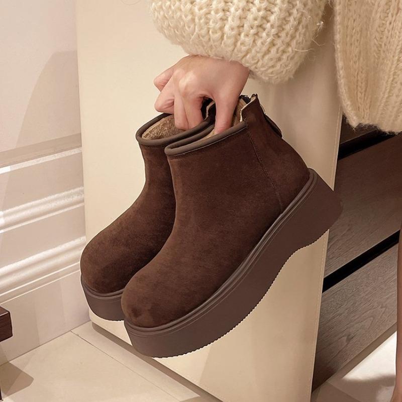 Vintage Chunky Fur Lining Women Snow Boots Comfort Platform Flats Warm Cotton Short Booties Winter Women's Plush Shoes