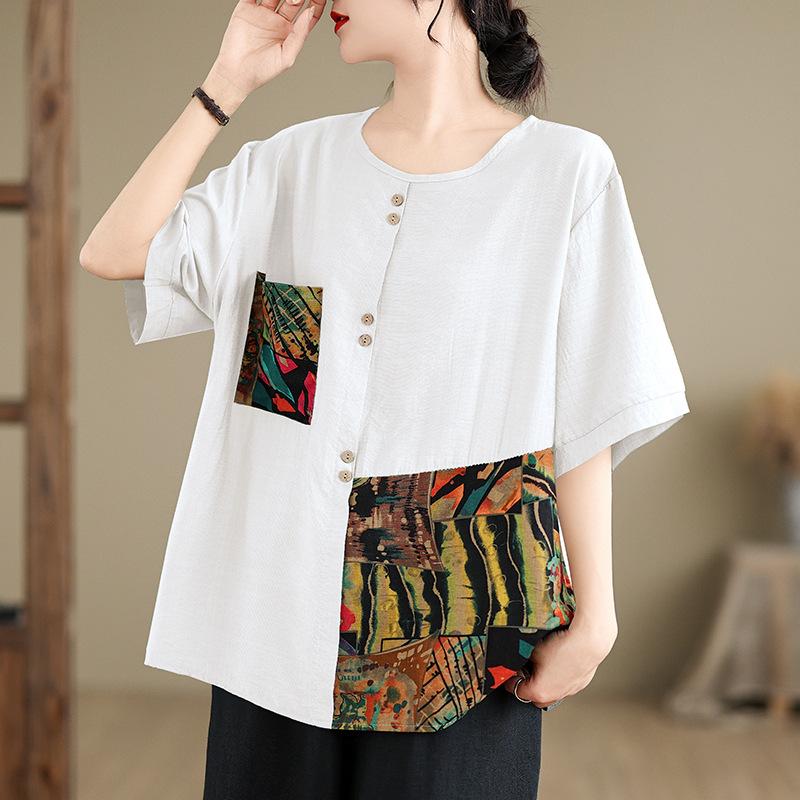 Mode Print Rundhals Kurzarm T-Shirts Damen Sommer Übergröße Locker Lässig Knöpfe Tee Tops Frauen 2025