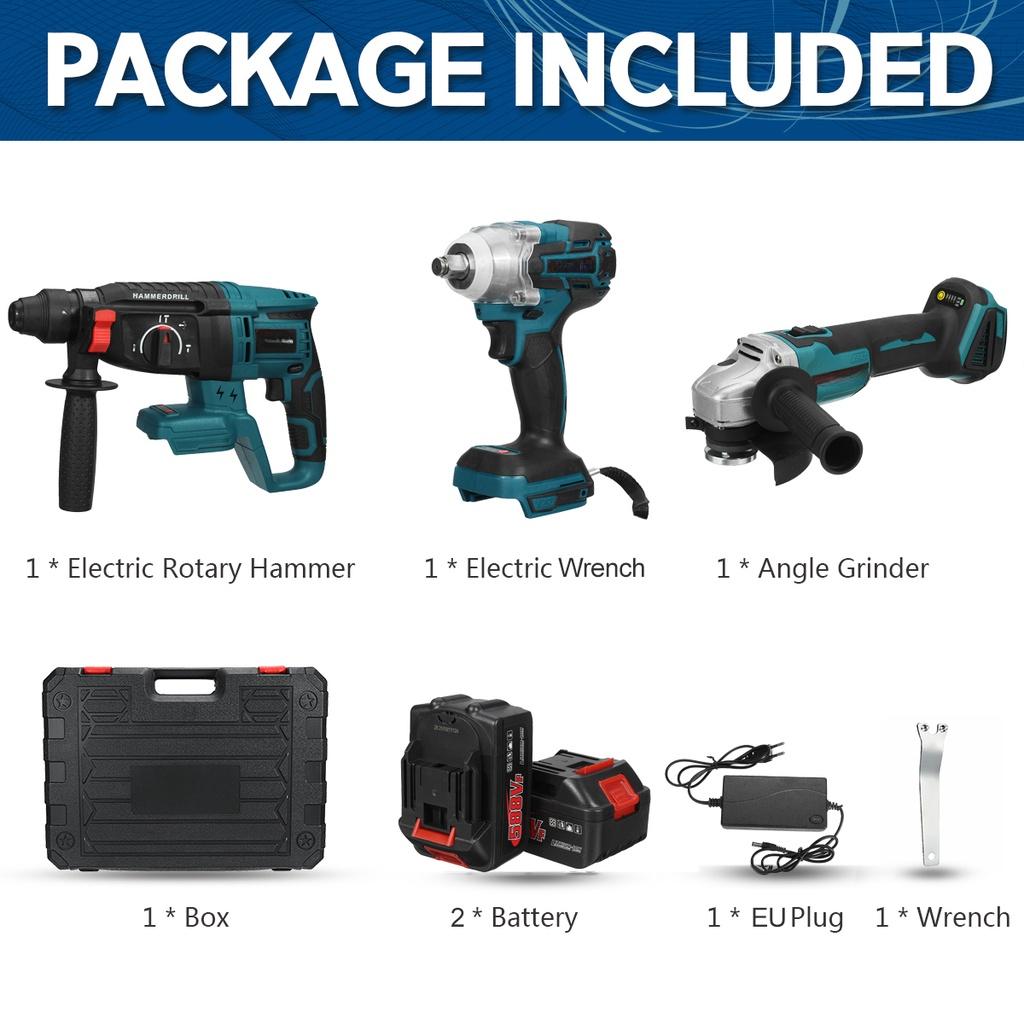 

Набор электроинструментов 3 в 1 Бесщеточная аккумуляторная угловая шлифмашина Электрический ударный гайковерт Перфоратор для аккумулятора 18 В 2*Batteries