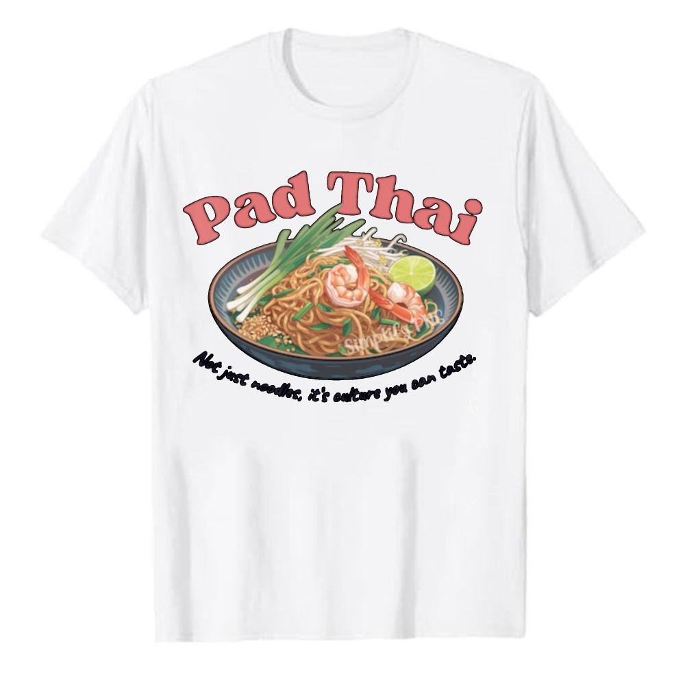 Watercolor Pad Thai Food Illustration Short Sleeve Crew Neck Cotton T Shirt Relaxed Fit Noodles Shrimp Lime Green Onions Tops