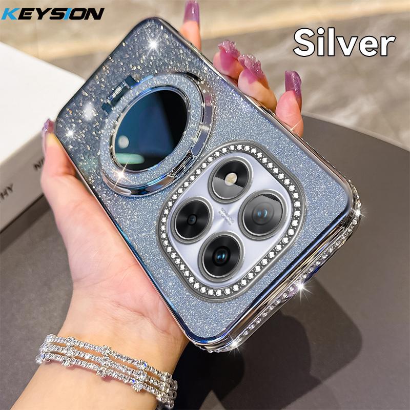 

KEYSION Блестящий магнитный чехол с драгоценными камнями для Redmi Note 14 Pro+ 5G, чехол-подставка с зеркалом для макияжа, противоударный чехол для Xiaomi POCO X7 for Redmi Note 14 Pro 5G серебряный