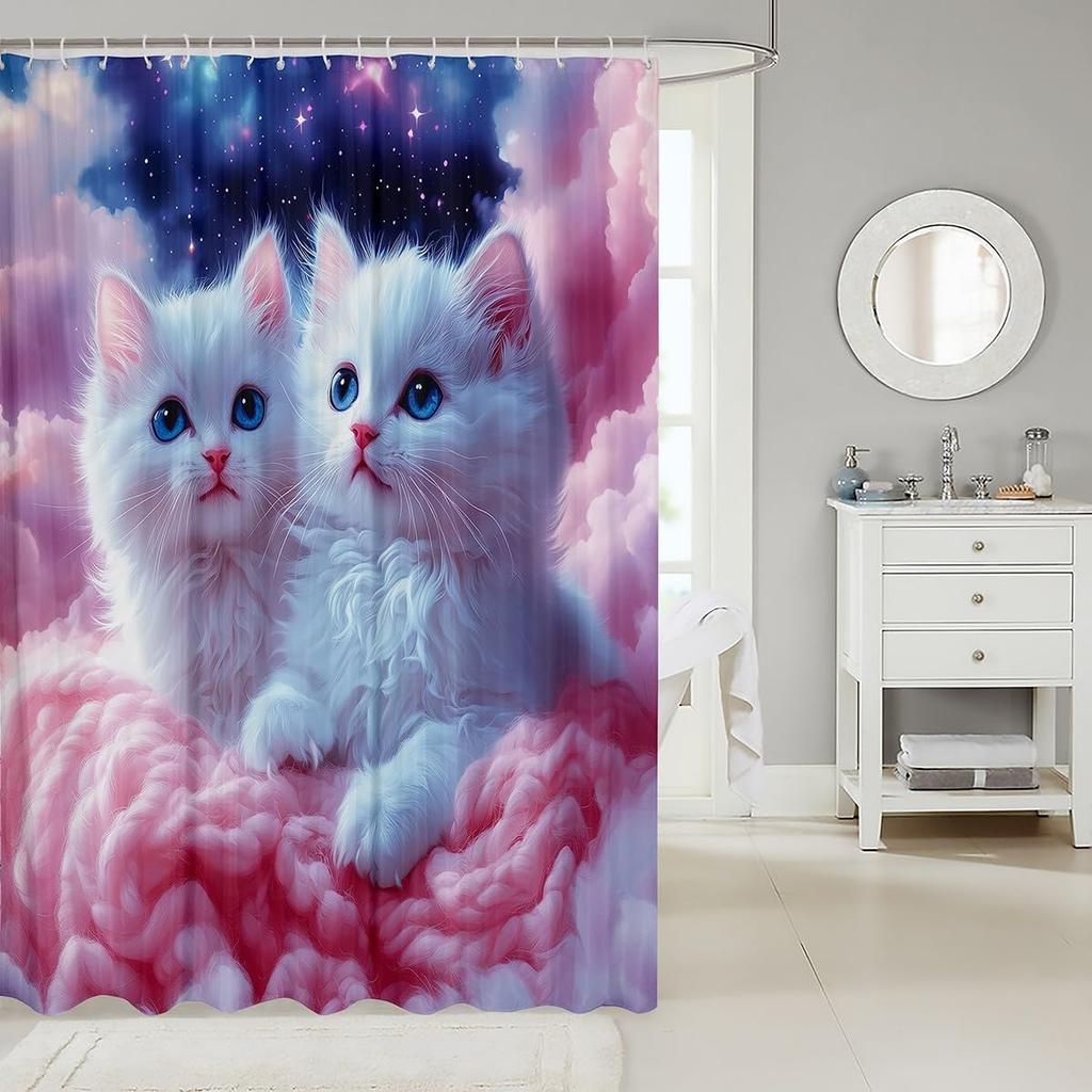 Plain White Cat Fabric Shower Curtain for Girls Cute Kitten Shower Curtain Pet Kitten Bathroom Shower Curtain Sets for Kids Boys