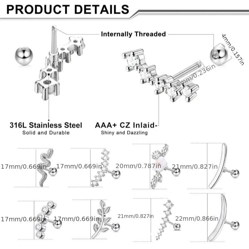 1Pc 16G Stainless Steel Screw Back Stud Earrings for Women Men, Fashion Cubic Zerconia Cartilage Conch Helix Ear Piercing Jewels