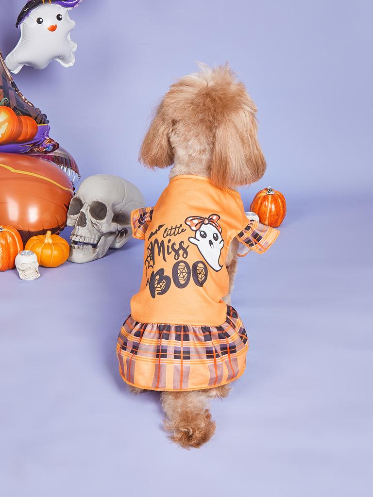 Boo Dog Tutu Dress Halloween Holiday Dress Up Party Warm Plaid Soft Material Dog Dress for Puppy and Cat Party Costume