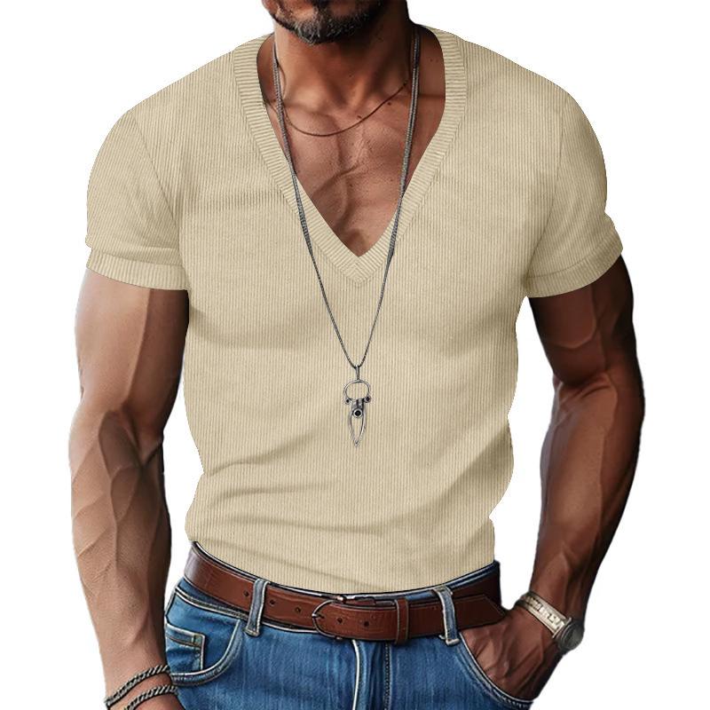 Men's V-neck Slim Fit Corduroy Casual Short Sleeve T-shirt, Solid Color