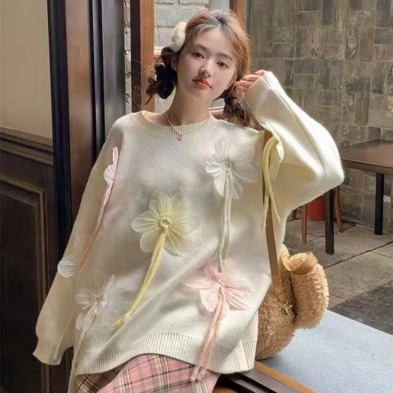Women 3D Flower Solid Color Sweaters Sweet Woman Casual Round Neck Knitted Top Autumn Loose and Versatile Ladies Sweater