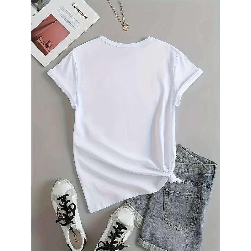 European Size Women'S Casual Crew Neck T-Shirt with Butterfly & Floral Print - Soft White, Short Sleeve, Spring/Summer Top, Casual Wear