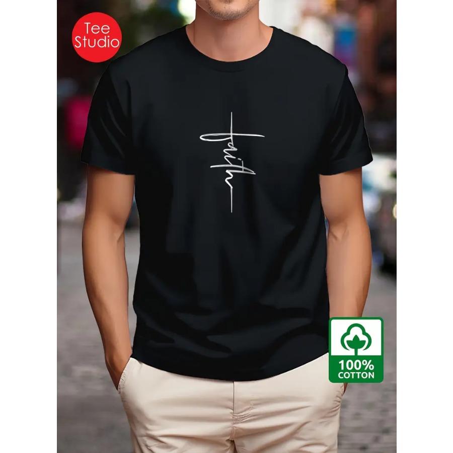 Men's 100% Cotton Faith Pattern Printed T-shirt, Casual Short Sleeved Round Neck T-shirt, Summer Outdoor Men's Clothing