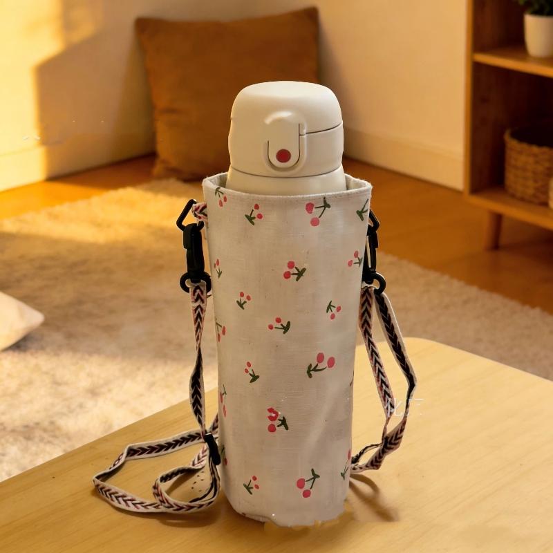 1Pcs Insulated Canvas Thermos Bag Water Bottle Cover Adjustable Crossbody Strap Floral Duck Print Cup Holder For Shopping