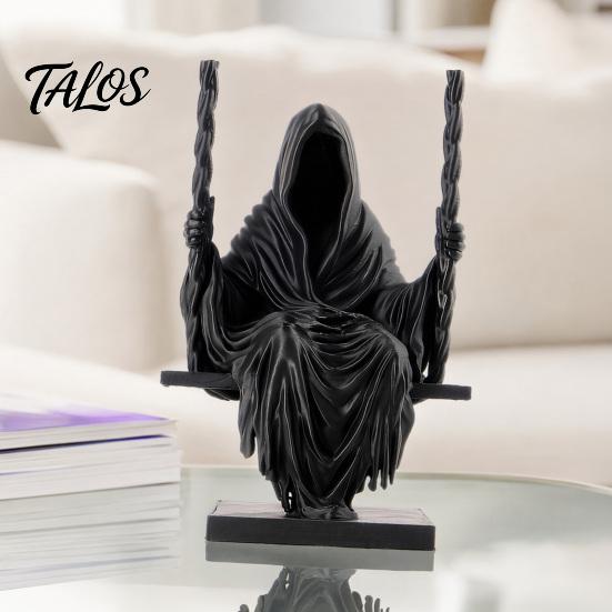 Talos 3D Printed Sitting Reaper Statue, Faceless Man In Black Robe On Swing Figurine, Gothic Cloak Sculpture Ornament, Dark Style Figurine Decoration