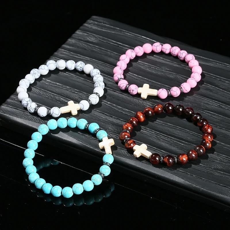 Natural Stone Bead With White Turquoise Cross Bracelets Women Men Classic Stretch Bangles Reiki Elastic Bracelet Gift