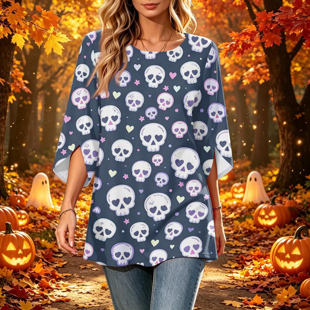Women's Halloween Print Casual Loose Fit Three-Quarter Sleeve Round Neck Top