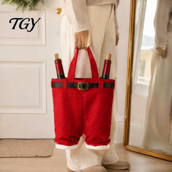 Santa Claus Pants Gift Holders Shaped Christmas Candy Bag, Large Wine Bottle Holder with Festival Pouches Handle, Holiday Treat Tote for Party