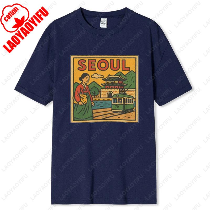 Seoul Korea Comic T-Shirt Unisex Retro-Stil Vintage Stadt-Skyline Grafik-T-Shirts Bold Asian Travel Baumwollshirt Geschenk Männer Frauen Tops
