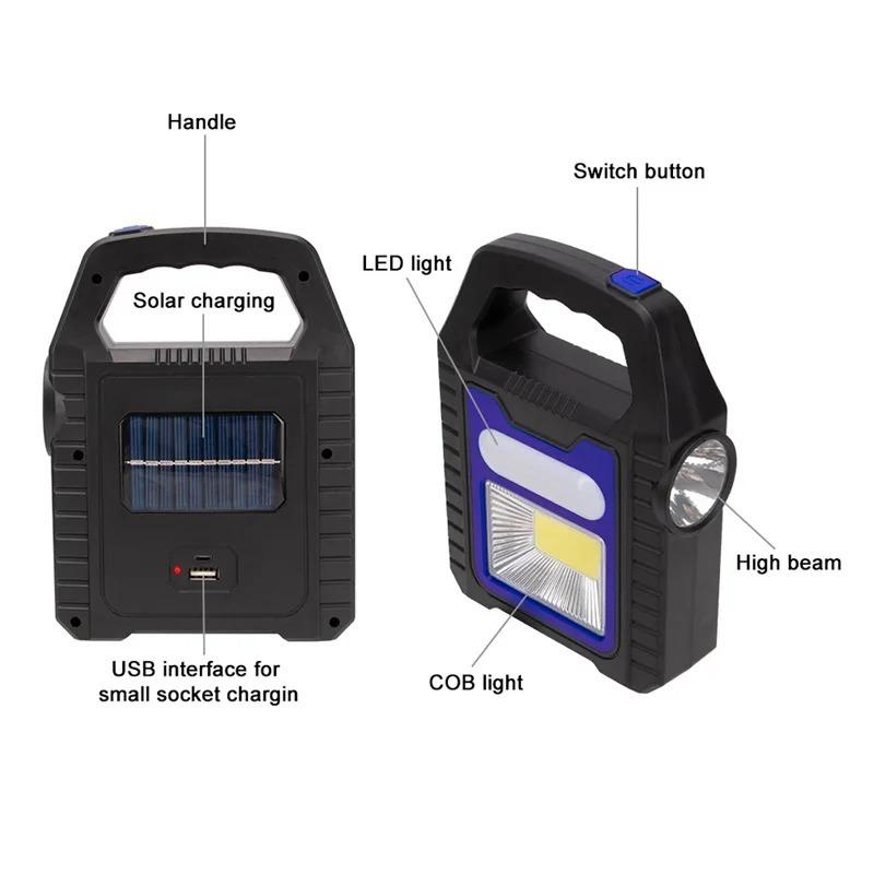 Portable Solar Lantern COB LED Work Lamp Waterproof  Emergency Spotlight USB Rechargeable Hand Lamp for Outdoor Hiking Camping