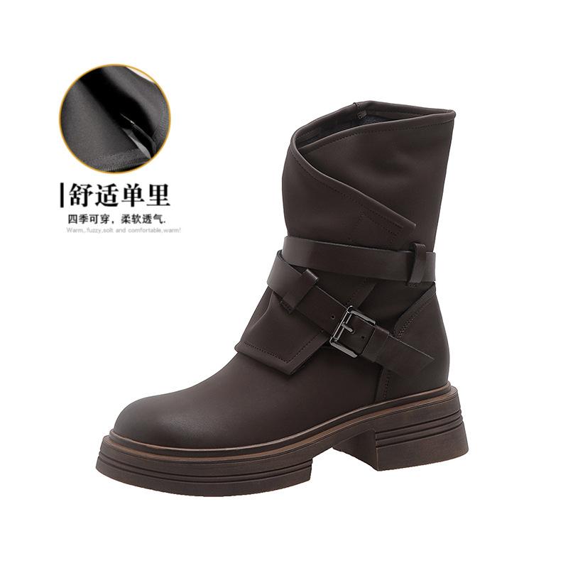 New spot short boots women's 2025 autumn and winter new inner height increase Martin boots women's boots retro belt buckle thick heel western