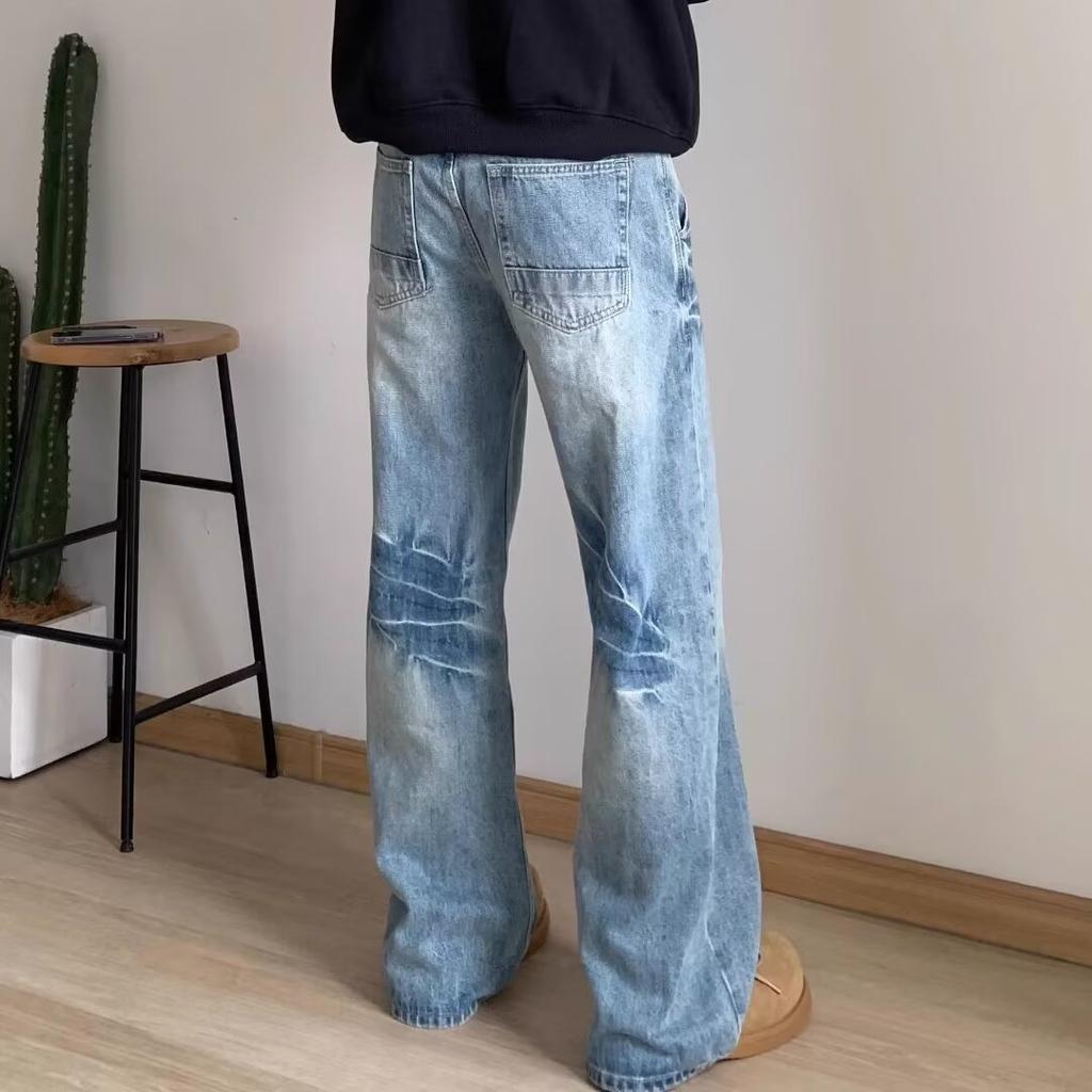 High Street Denim Pants For Men, Retro Distressed, Loose Straight Leg Pants, Wide Leg Sports Pants, Trendy