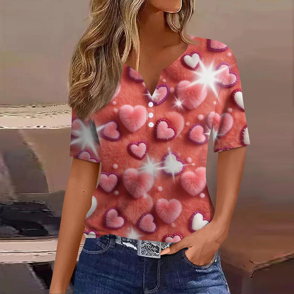 Women's Fashion Casual V,Neck Short,Sleeve T,Shirt With Decorative Buttons And Valentine's Day Print Top