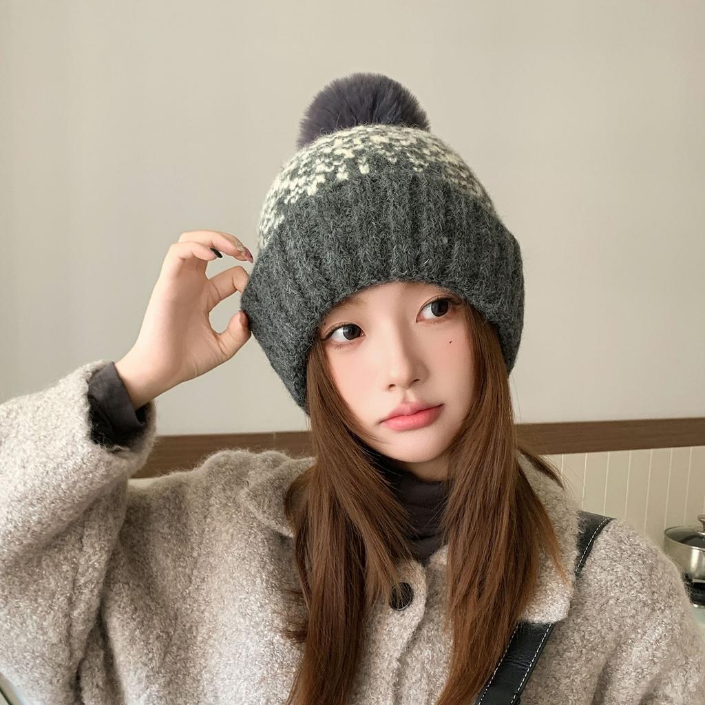 Jacquard Knitted Hat Autumn Winter Beanie Women's Hat, Outdoor Cycling Plush Lining Warm Wholesale