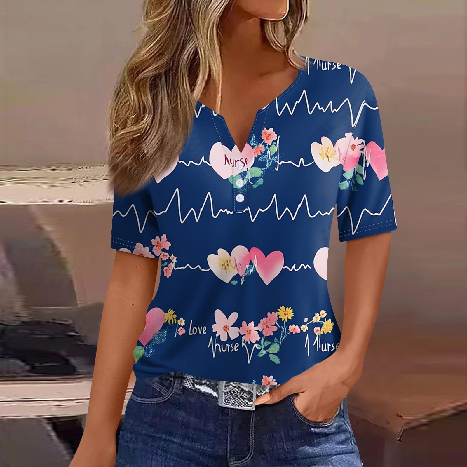 

Жен. Футболка Футболка С принтом Пуговицы С короткими рукавами Повседневные Выходные Мода Классический V-образный вырез Обычный Верх L