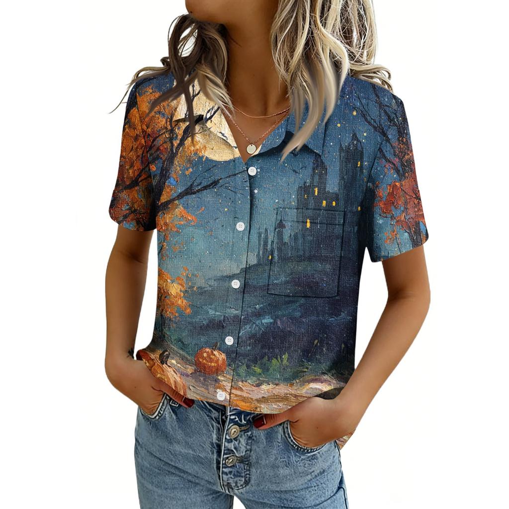 Women's Casual Short Sleeve Button Down Shirt with Pocket for Independence Day