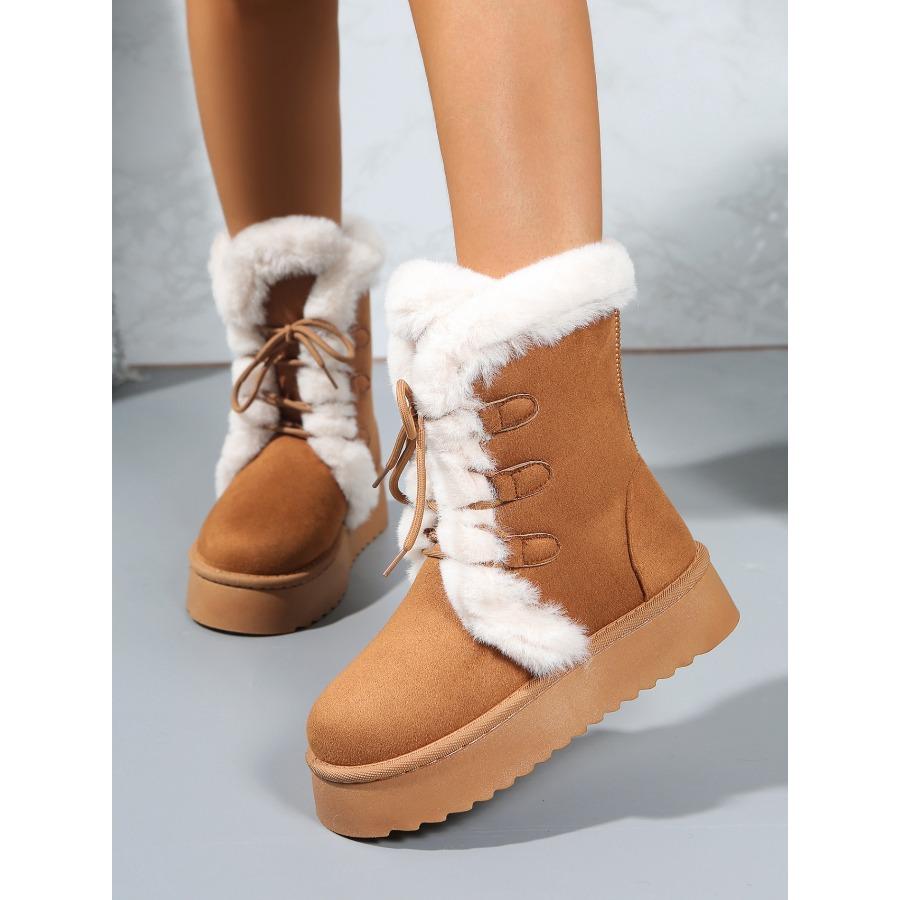 2025 Fall/Winter Women's Snow Boots with Fleece Lining, Thickened Sole, Height-Enhancing Design, Leather & Fur Combination, Cotton-Lined Warm Boots